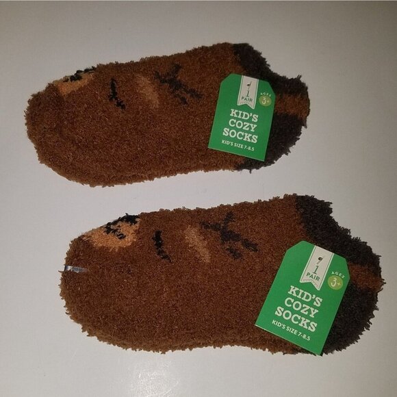 NEW 2 Pairs Brown Deer Kids Cozy Socks Fuzzy Size 7-8.5 Lot Reindeer - Picture 1 of 6